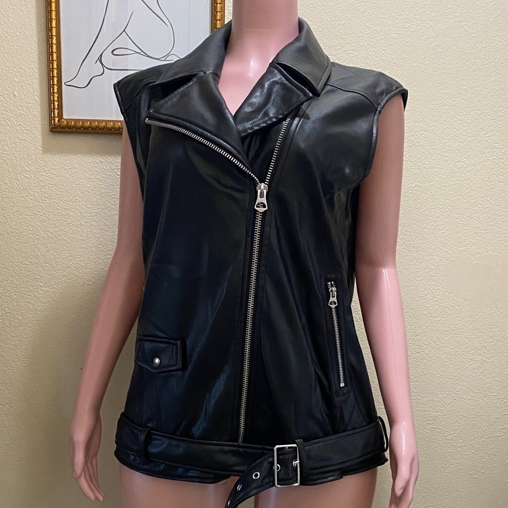 Black Faux Leather Sleeveless Jacket